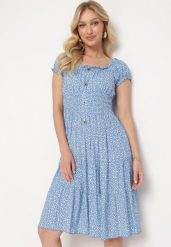 Niebieska Bawełniana Sukienka w Drobne Kwiaty z Gumkami w Talii Fielita. Niebieskie sukienki Born2be, na spotkanie biznesowe, m, bez wzorów, z bawełny, eleganckie, bez kołnierzyka, bez ramiączek, mini. W wyprzedaży za 33.99 zł.