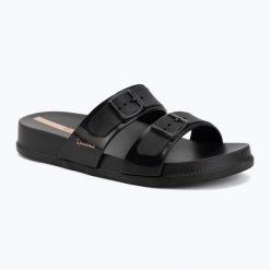 Klapki damskie Ipanema Leme Slide. Czarne klapki Ipanema, bez wzorów, z materiału, eleganckie, bez obcasa, bez zapięcia. Za 94.99 zł.