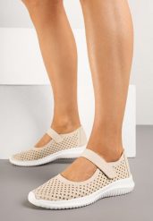 Beżowe Półbuty Sportowe z Ażurową Cholewką i Rzepem Alanellia. Brązowe buty sportowe lifestyle Born2be, na wiosnę, w ażurowe wzory, z jeansu, eleganckie, bez zapięcia. W wyprzedaży za 67.99 zł.