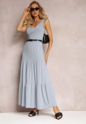 Niebieska Rozkloszowana Sukienka Maxi z Bawełnianej Tkaniny Galaise. Niebieskie sukienki Renee, na co dzień, l, bez wzorów, z bawełny, eleganckie, bez kołnierzyka, bez ramiączek, maxi, rozkloszowane. W wyprzedaży za 90.99 zł.