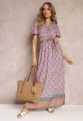 Różowa Sukienka Maxi z Paskiem i Gumką w Talii w Ornamentalny Wzór Calvim. Czerwone sukienki Renee, l, bez wzorów, bez kołnierzyka, bez ramiączek, maxi. W wyprzedaży za 75.99 zł.
