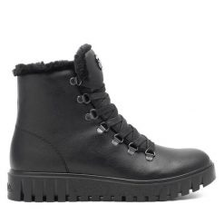 Botki Rieker. Czarne botki Rieker, bez wzorów, bez obcasa, na płaskiej podeszwie, bez zapięcia. Za 265.99 zł.
