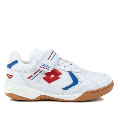 Buty sportowe halowe na rzep Lotto SOCCERA K. Białe buty sportowe lifestyle Lotto, bez wzorów, bez zapięcia, do piłki nożnej. W wyprzedaży za 79.00 zł.