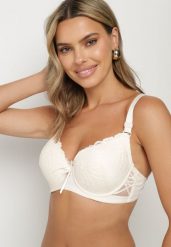 Jasnobeżowy Biustonosz Full Cup z Koronkowym Zdobieniem i Kokardą Caliri. Brązowe biustonosze Born2be, z aplikacjami, z koronki. W wyprzedaży za 33.99 zł.