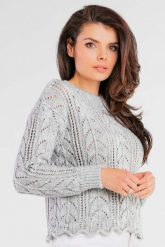 Ażurowy Sweter z Ozdobnym Wykończeniem - Szary. Szare swetry Awama, uniwersalny, w ażurowe wzory, z materiału, bez ramiączek. Za 249.90 zł.