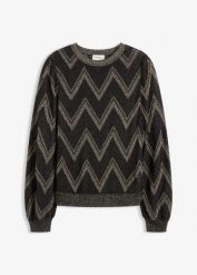 Sweter z cienkiej dzianiny z efektem połysku. Czarne swetry bonprix, bez wzorów, z dzianiny, bez ramiączek. Za 134.99 zł.