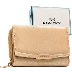 Beżowy, poziomy portfel damski ze skóry ekologicznej zamykany na zatrzask - Rovicky. Brązowe portfele ROVICKY, bez wzorów, ze skóry ekologicznej. Za 79.99 zł.