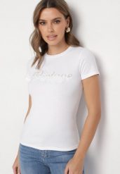 Biały Bawełniany T-shirt z Metalicznym Napisem Xalaviel. Białe t-shirty Born2be, m, z aplikacjami, z bawełny, bez kołnierzyka, bez ramiączek. Za 99.99 zł.
