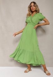 Jasnozielona Boho Sukienka z Bawełny o Kopertowym Fasonie Rissatina. Zielone sukienki Renee, do pracy, s, bez wzorów, z bawełny, biznesowe, bez kołnierzyka, bez ramiączek, midi, kopertowe. W wyprzedaży za 39.99 zł.