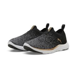 Damskie dzianinowe buty do biegania SOFTRIDE Remi PUMA Black Gold Cool Dark Gray. Czarne buty do biegania Puma, bez wzorów, z dzianiny, bez zapięcia, do biegania. Za 279.00 zł.