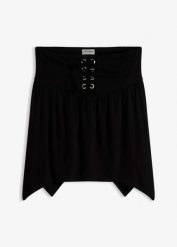 Top z falbanką. Czarne topy bonprix, bez wzorów, eleganckie, bez kołnierzyka, bez ramiączek. Za 59.99 zł.