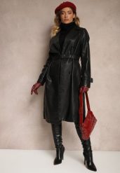 Czarny Ekoskórzany Płaszcz Dwurzędowy w Stylu Trencza z Paskiem Zerilina. Czarne płaszcze Renee, l, bez wzorów, z jeansu, eleganckie, bez kaptura. W wyprzedaży za 219.99 zł.