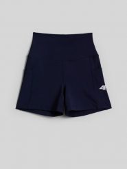 4F Legginsy krótkie tenisowe damskie - granatowe S. Niebieskie legginsy sportowe 4f, s, bez wzorów, z włókna, z podwyższonym stanem, na fitness i siłownię. Za 79.99 zł.