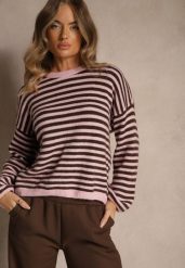 Różowy Oversizowy Sweter w Paski z Domieszką Wełny i Wiskozy Tidania. Czerwone swetry Renee, bez wzorów, z dzianiny, casualowe, bez ramiączek. Za 139.99 zł.