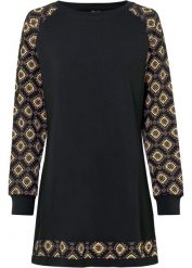 Sukienka dresowa z nadrukiem. Czarne sukienki bonprix, bez wzorów, z dresówki, bez kołnierzyka, bez ramiączek. Za 124.99 zł.