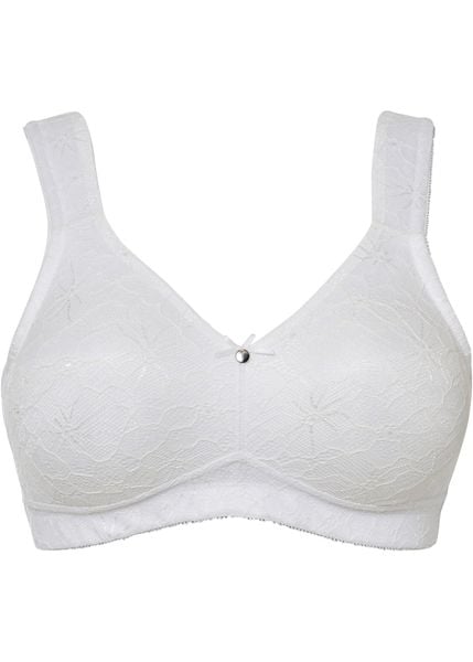 Biustonosz odciążający bez fiszbinów z wyściełanymi ramiączkami. Białe biustonosze bonprix, bez wzorów, z koronki. Za 69.99 zł.