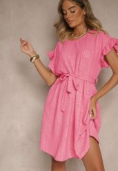 Fuksjowa Sukienka z Paskiem i Falbankami przy Rękawach Folunelle. Czerwone sukienki Renee, na co dzień, bez wzorów, eleganckie, bez kołnierzyka, bez ramiączek, mini. W wyprzedaży za 67.99 zł.