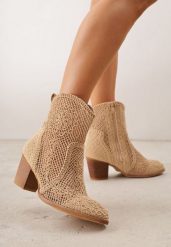 Ciemnobeżowe Botki Kowbojki VICES na Stożku z Ażurową Cholewką Azivessa. Brązowe botki Born2be, w ażurowe wzory, z jeansu, boho, bez obcasa, na obcasie, bez zapięcia. Za 149.99 zł.