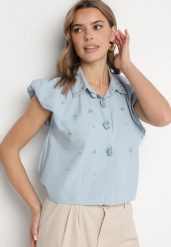 Niebieska Bawełniana Koszula bez Rękawów z Cyrkoniami Aseki. Niebieskie koszule Born2be, m, bez wzorów, z bawełny, eleganckie, bez kołnierzyka, bez ramiączek. Za 119.99 zł.