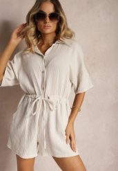Beżowy Bawełniany Kombinezon Muślinowy Ozdobiony Troczkami Zapinany na Guziki Dlissa. Brązowe sukienki Renee, na co dzień, s, bez wzorów, z bawełny, eleganckie, bez kołnierzyka, bez ramiączek. W wyprzedaży za 91.99 zł.