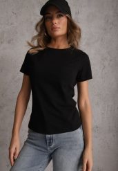 Czarny T-shirt z Bawełny z Okrągłym Dekoltem Nedima. Czarne t-shirty Renee, m, bez wzorów, z bawełny, klasyczne, bez kołnierzyka, bez ramiączek. Za 39.99 zł.