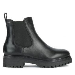 Botki Geox. Czarne botki Geox, bez wzorów, bez obcasa, na płaskiej podeszwie, bez zapięcia. Za 499.99 zł.