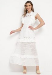 Biała Sukienka Maxi Rozkloszowana z Ażurowym Wzorem Saitha. Białe sukienki Born2be, m, w ażurowe wzory, z tkaniny, eleganckie, bez kołnierzyka, bez ramiączek, maxi, rozkloszowane. Za 229.99 zł.