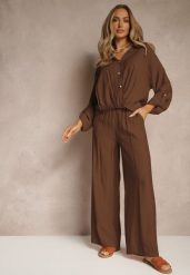 Brązowy Komplet z Wiskozy w Stylu Oversize Szerokie Spodnie i Luźna Koszula na Guziki Natinne. Brązowe koszule Renee, bez wzorów, z wiskozy, biznesowe, bez kołnierzyka, bez ramiączek. W wyprzedaży za 143.99 zł.