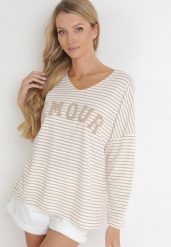 Beżowa Bluzka Oversize w Paski z Ozdobnym Napisem Vicca. Brązowe bluzki Born2be, bez wzorów, bez kołnierzyka, bez ramiączek. W wyprzedaży za 72.24 zł.
