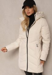 Jasnobeżowa Taliowana Kurtka z Pikowanymi Przeszyciami i Kapturem Rinoria. Brązowe kurtki Renee, l, bez wzorów, z jeansu, eleganckie. W wyprzedaży za 179.99 zł.