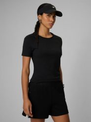 4F T-shirt slim z nadrukiem damski - czarny S. Czarne t-shirty 4f, l, bez wzorów, z materiału, bez kołnierzyka, bez ramiączek. Za 59.99 zł.