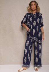 Granatowy Komplet Oversize w Stylu Rustykalnym Długa Koszula i Szerokie Spodnie Mepilara. Niebieskie koszule Renee, m, bez wzorów, eleganckie, bez kołnierzyka, bez ramiączek. W wyprzedaży za 107.99 zł.