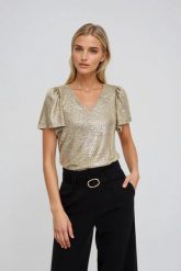 Bluzka z bufiastymi rękawami złota. Żółte bluzki MOODO, l, bez wzorów, z elastanu, bez kołnierzyka, bez ramiączek. Za 89.99 zł.