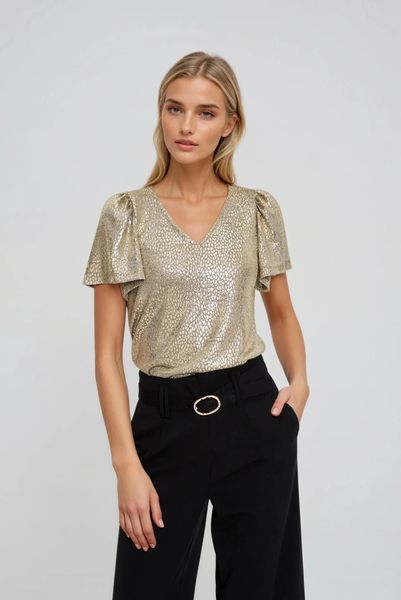 Bluzka z bufiastymi rękawami złota. Żółte bluzki MOODO, l, bez wzorów, z elastanu, bez kołnierzyka, bez ramiączek. Za 89.99 zł.