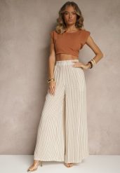 Beżowo-Brązowe Szerokie Spodnie High Waist w Paski z Bawełny Silorea. Brązowe jeansy Renee, bez wzorów, z bawełny, eleganckie, z podwyższonym stanem. W wyprzedaży za 75.99 zł.