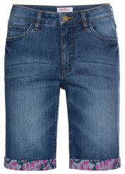 Bermudy jeansowe ze stretchem i kolorowym podwinięciem. Niebieskie jeansy bonprix, bez wzorów, z jeansu. Za 124.99 zł.
