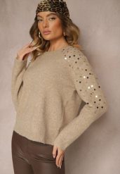 Beżowy Sweter z Bawełną i Cekinami Ceala. Brązowe swetry Renee, s, z aplikacjami, z bawełny, casualowe, bez ramiączek. W wyprzedaży za 95.99 zł.