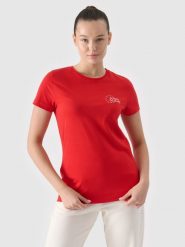 4F T-shirt slim z nadrukiem damski - czerwony XS. Czerwone t-shirty 4f, xs, bez wzorów, z bawełny, klasyczne, bez kołnierzyka, bez ramiączek. W wyprzedaży za 29.99 zł.