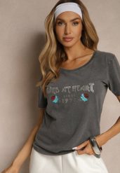 Ciemnoszary T-shirt z Bawełny Ozdobiony Nadrukiem Savetelle. Szare t-shirty Renee, l, bez wzorów, z bawełny, bez kołnierzyka, bez ramiączek. W wyprzedaży za 39.99 zł.