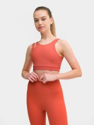 4F Crop top do jogi z materiałów z recyklingu damski L. Brązowe topy 4f, l, bez wzorów, z dzianiny, bez kołnierzyka, bez ramiączek. W wyprzedaży za 29.99 zł.