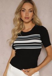 Czarna Casualowa Bluzka z Nadrukiem w Paski z Prążkowanego Materiału Dniasa. Czarne bluzki Renee, m, bez wzorów, z jeansu, eleganckie, bez kołnierzyka, bez ramiączek. W wyprzedaży za 55.99 zł.