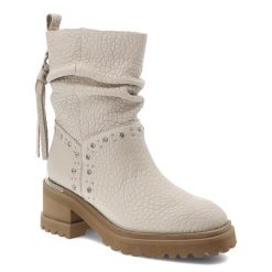 Botki damskie Alma en Pena, skórzane z marszczoną cholewką i ozdobami na klocku z okrągłym noskiem i na zamek, beżowe, I251184. Brązowe botki Alma En Pena, z aplikacjami, ze skóry, eleganckie, z okrągłym noskiem, bez obcasa, na obcasie, bez zapięcia. Za 639.00 zł.