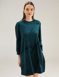 Sukienka z weluru. Zielone sukienki Unisono, s, bez wzorów, z tkaniny, bez kołnierzyka, bez ramiączek, mini. Za 129.00 zł.