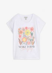 T-shirt z czystej bawełny. Białe t-shirty bonprix, bez wzorów, z bawełny, bez kołnierzyka, bez ramiączek. Za 64.99 zł.