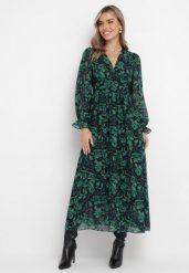 Zielono-Czarna Maxi Sukienka z Kopertowym Dekoltem w Modny Print Ceconna. Zielone sukienki Born2be, l, bez wzorów, bez kołnierzyka, bez ramiączek, maxi, kopertowe. W wyprzedaży za 139.99 zł.