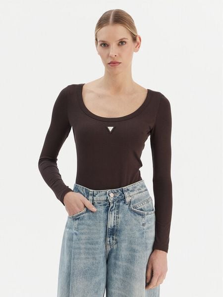 Guess Body V4YP07 J1314 Brązowy Slim Fit. Brązowe body i gorsety Guess, z aplikacjami, z bawełny, bez ramiączek. Za 195.00 zł.