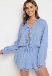 Niebieski Wiązany Bawełniany Kombinezon Boho z Falbankami i Wiązaniem Lalelia. Niebieskie sukienki Born2be, na co dzień, uniwersalny, bez wzorów, z bawełny, boho, bez kołnierzyka, bez ramiączek, proste. W wyprzedaży za 135.99 zł.