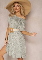 Zielono-Beżowa Rozkloszowana Sukienka w Ornamentalny Wzór z Wiskozy Oflia. Zielone sukienki Renee, l, bez wzorów, z wiskozy, bez kołnierzyka, bez ramiączek, mini, rozkloszowane. W wyprzedaży za 32.99 zł.