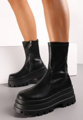 Czarne Botki na Masywnej Platformie Workery Elrora. Czarne botki Born2be, bez wzorów, eleganckie, bez obcasa, na płaskiej podeszwie, bez zapięcia. Za 199.99 zł.