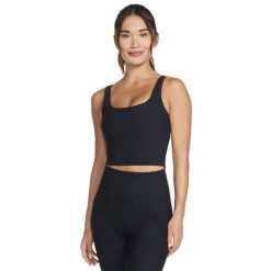 Biustonosz sportowy damski Go Flex Rib Longline Bra. Czarne biustonosze sportowe Skechers, bez wzorów, z nylonu, na fitness i siłownię. Za 179.99 zł.